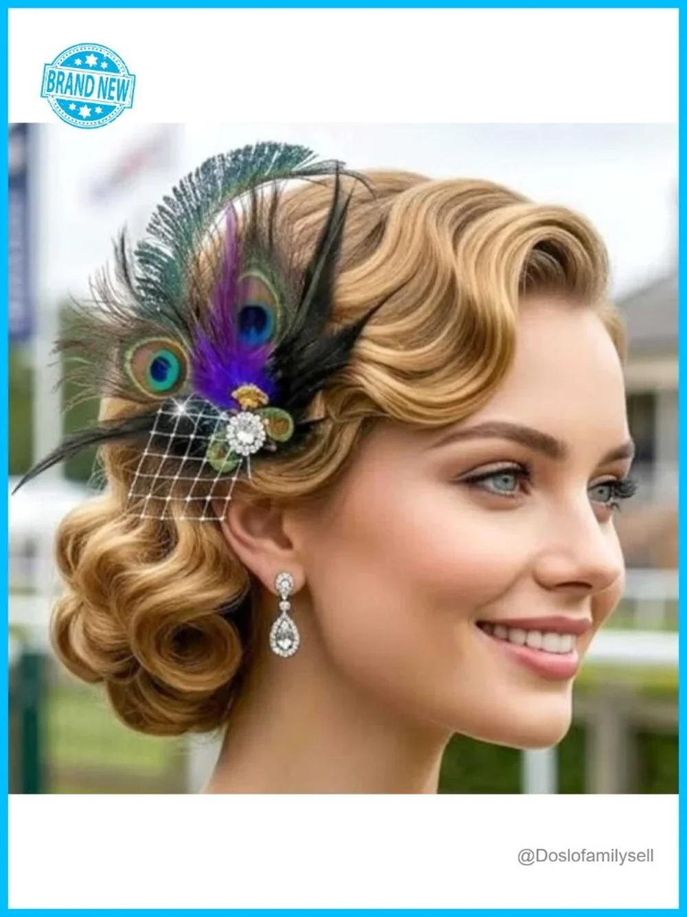 Peacock Feather Hair Clip 1920s Fascinator with Rhinestone Flapper Prom Hair